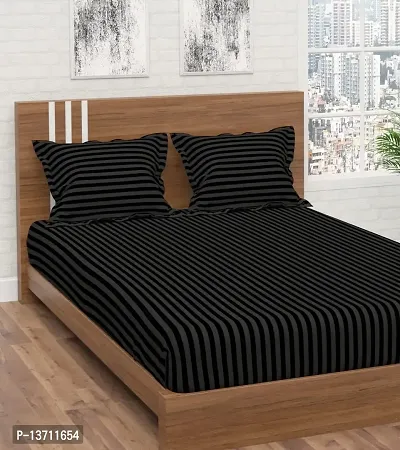 Avisardo Satin Stripes 300TC Plain Elastic bedsheet King Size Double Bed with Pillow Covers Size 78x72x8 Inchs- Black-thumb2