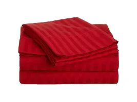 DECOREZA Home 320 TC Glace Cotton Satin Stripes Plain Bedsheet for 1 Double Bed with 2 Pillow Covers Home| Hotels| Guest House| | PGHouse| ((Satin Red), Striped Patti Double)-thumb1