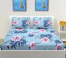 AVISARDO Printed 200 TC Elastic Fitted Printed Double Bed Bedsheets with 2 Pillow Cover- Blue Flower-thumb1