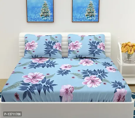 AVISARDO Printed 200 TC Elastic Fitted Printed Double Bed Bedsheets with 2 Pillow Cover- Blue Flower-thumb2