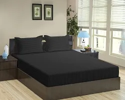 DECOREZA Home Linen 200 TC Solid Glace Cotton Satin Stripe Bedsheet with 2 Pillow Covers- Jet Black-thumb2