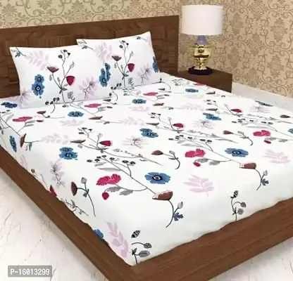 Cotton  Elastic Fitted Printed Double Bed Bedsheets Flower and White