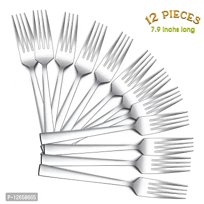 Dinner Forks Set of 12, E-far 7.9 Inch Stainless Steel Forks for Home, Kitchen or Restaurant, Non-toxic  Mirror Polished, Squared Edge  Dishwasher Safe-thumb2