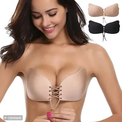 Zacca Women Silicone Push-Up Bra (Pack of 2) (Beige & Black_A/D)-thumb0