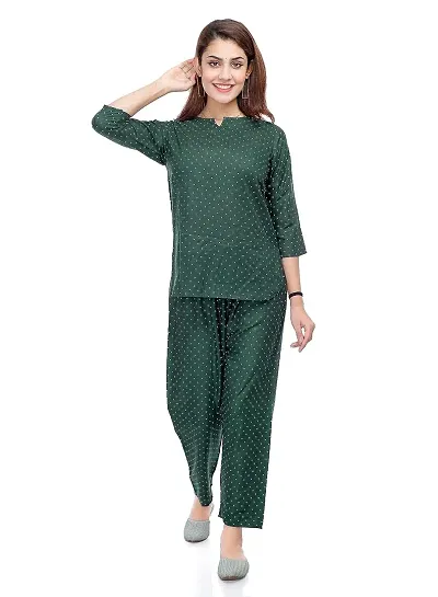 Stylish Rayon Printed 3/4th Sleeves Night Top with Pajama Set For Women