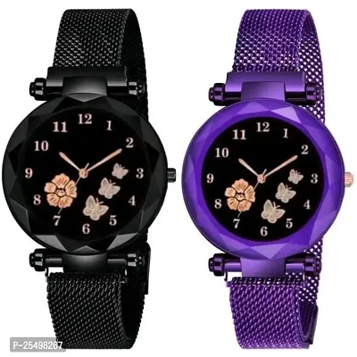 Yolako Black And Purple Megnet Combo Analog Women and Girls Watch