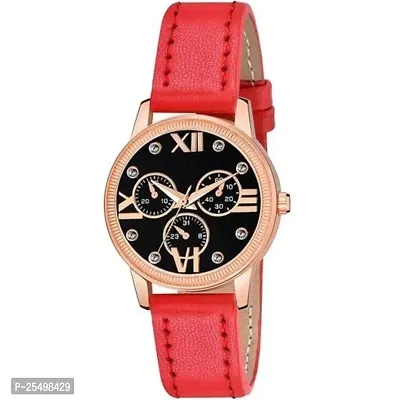 Yolako Meena Black Dial RL Rose Cash Red Leather Belt Women and Girls Watch-thumb0