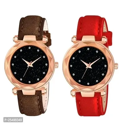 Yolako Black 12Diamond Dial Brown and Red Leather Belt Combo Women and Girls Watch-thumb0