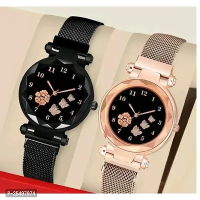 Yolako Butter Dial Black And Rose Megnet Girls and Women Analog Watch