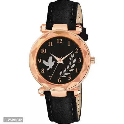 Yolako Black Birds Dial Black Leather Belt Analog Women and Girls Watch-thumb0