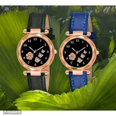 Yolako Black And Blue Leather Belt Bty Dial Combo Women and Girls Watch