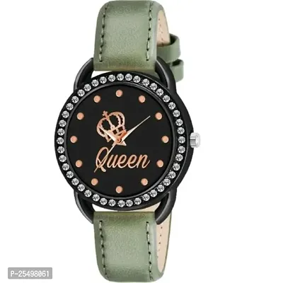 Yolako New Queen Dial Diamond Black Cash Green Belt Women and Girls Watch-thumb0