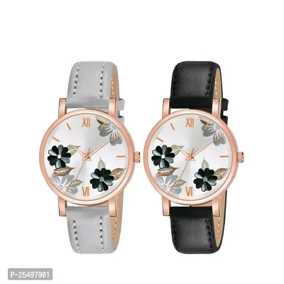 Yolako Flower Dial Grey and Black Leather Belt Girls and Women Analog Watch-thumb0