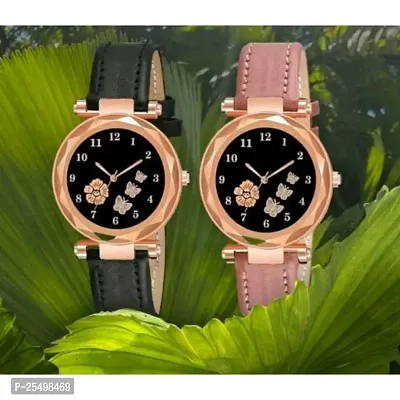 Yolako Black And Pink Leather Belt Bty Dial Combo Women and Girls Watch