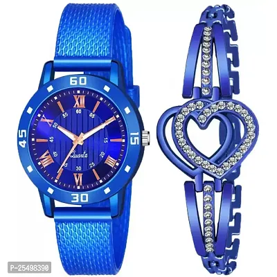 Yolako Roman Blue Av Cash Blue Pu With Heart Bracelet Analog Women and Girls Watch