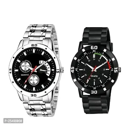 Yolako Silver Metal And Tri Black PU Men and Boys Watch-thumb0