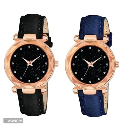 Yolako Black 12Diamond Dial Black and Blue Leather Belt Combo Women and Girls Watch-thumb0