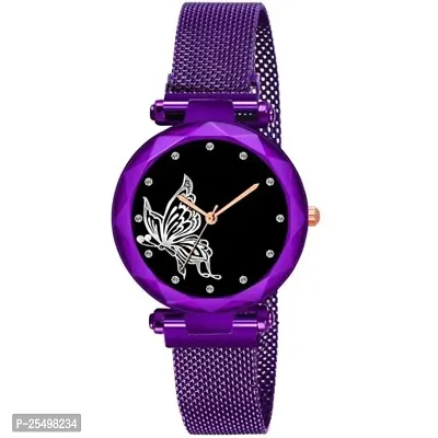 Yolako Purple Megnet Belt Black Dial Bty Analog Women and Girls Watch-thumb0