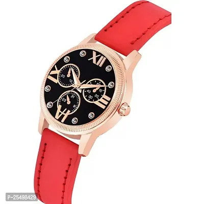 Yolako Meena Black Dial RL Rose Cash Red Leather Belt Women and Girls Watch-thumb2