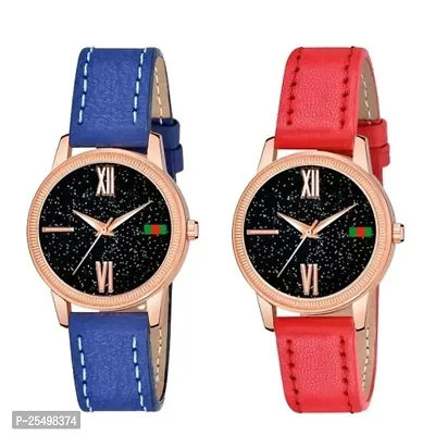 Yolako Black Roman Dial Blue and Red Leather Belt Combo Women and Girls Watch-thumb0