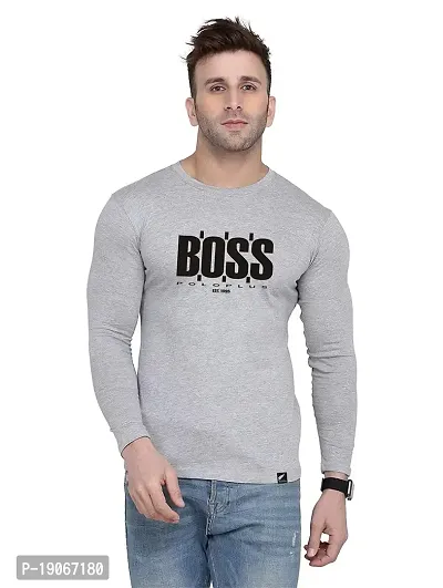 Polo Plus Men Grey Trendy Classic BOSS Printed Full Sleeve Cotton T-Shirt-thumb0