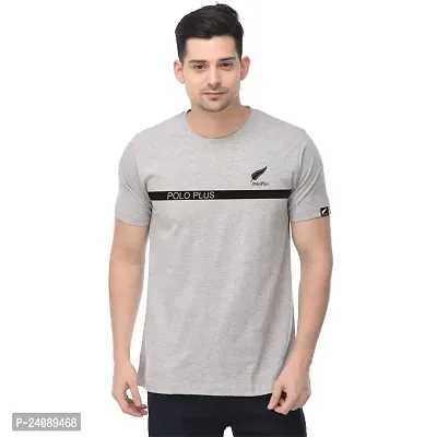 Polo Plus Grey Cotton Blend Printed Round Neck Tees For Men