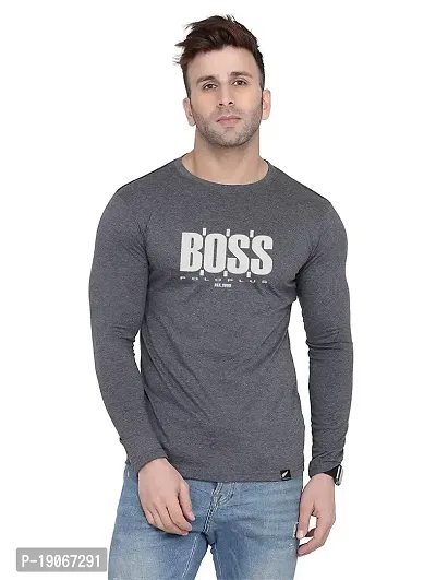 Polo Plus Men Charcoal Trendy Classic BOSS Printed Full Sleeve Cotton T-Shirt-thumb0