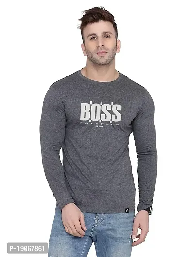 Polo Plus Men Charcoal Trendy Classic BOSS Printed Full Sleeve Cotton T-Shirt-thumb0