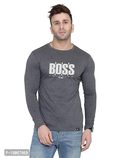 Polo Plus Men Charcoal Trendy Classic BOSS Printed Full Sleeve Cotton T-Shirt