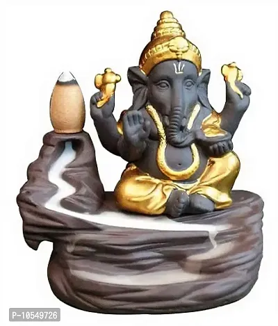 KC PRODUCTS Polyresin Dropping Backflow Ganesha Smoke Fountain with 10 Free Scented Cone Incense Holder, Product Size - 12 cm - Gold Ganesha