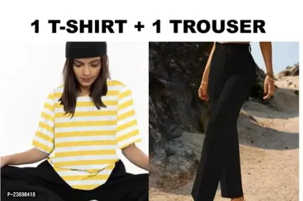 Contemporary Lycra Striped T-Shirts with Trousers For Women