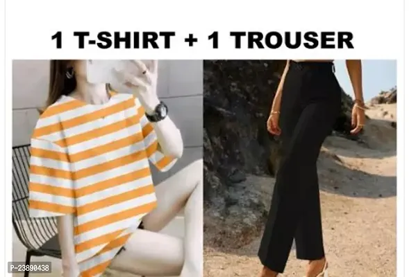 Contemporary Lycra Striped T-Shirts with Trousers For Women-thumb0