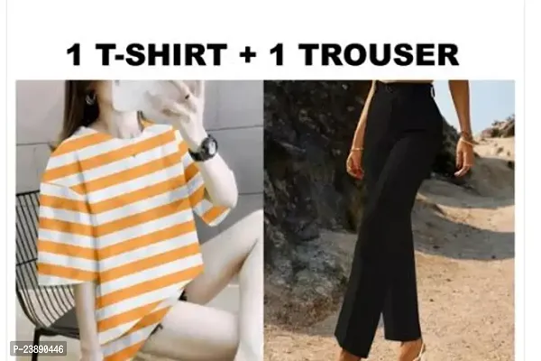 Contemporary  Lycra Striped T-Shirts with Trousers For Women