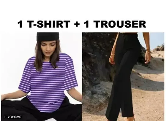 Contemporary Lycra Striped T-Shirts with Trousers For Women