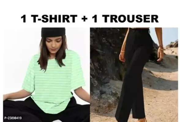 Contemporary Lycra Striped T-Shirts with Trousers For Women