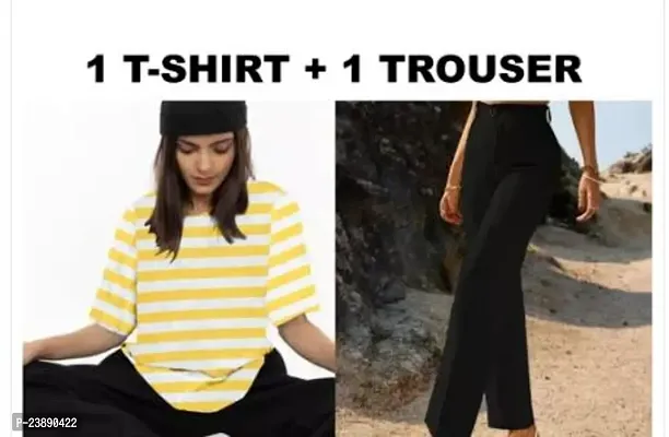 Contemporary Lycra Striped T-Shirts with Trousers For Women