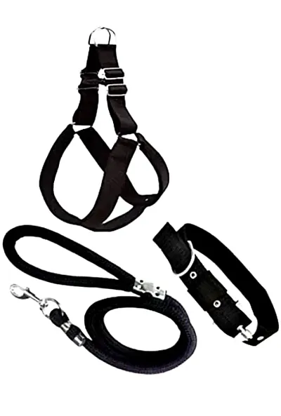 Dog Combo Pack Of Harness, Neck Collars Belts  Rope Belts Set (Medium) Black