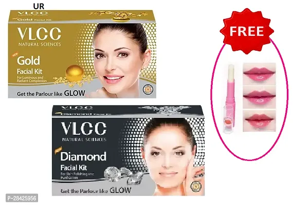 VLCC Gold Facial Kit, Bright  Glowing Skin  and Diamond Facial Kit - 60g Each Pack of 2 With Lipbalm-thumb0