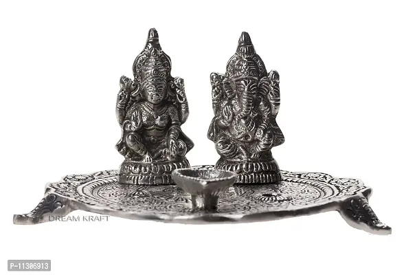 DreamKraft White Metal Silver Color Laxmi Ganesh Pooja Thali Set for Home Decor and Festive Decor-thumb2