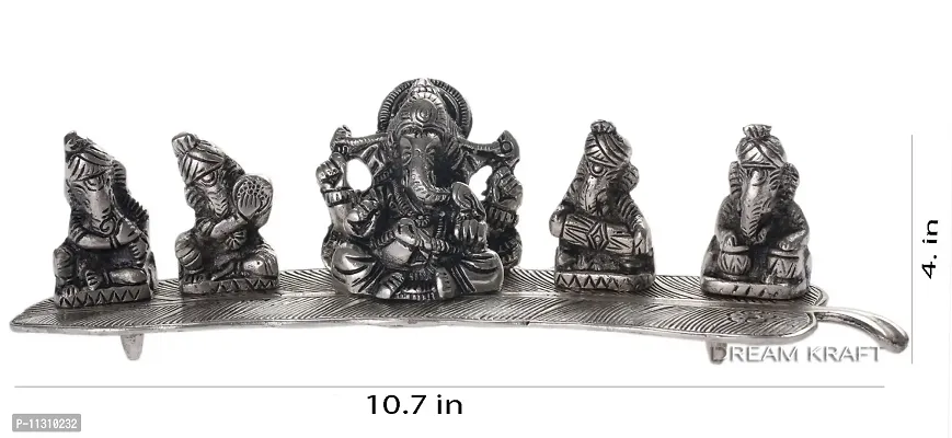 DreamKraft Metal 5 Ganesh With Musical Instrument On Leaf, Standard, Silver, 1 Piece-thumb4