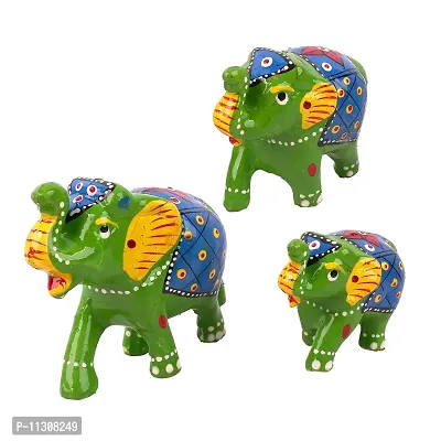 DreamKraft Paper Mache Handmade Elephant Showpiece (Set of 3,Green/Blue)