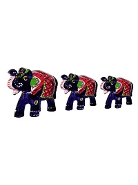 Monk wish Handcrafted Paper Mache Elephant Showpiece (Set of 3,Blue)-thumb3