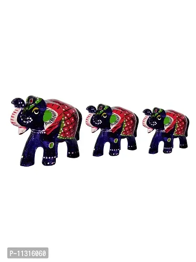 Monk wish Handcrafted Paper Mache Elephant Showpiece (Set of 3,Blue)-thumb4