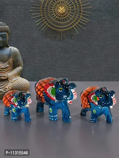 Monk wish Handcrafted Paper Mache Elephant Showpiece (Set of 3, SkyBlue)-thumb2