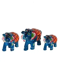 Monk wish Handcrafted Paper Mache Elephant Showpiece (Set of 3, SkyBlue)-thumb3