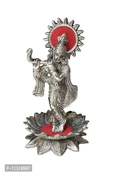 DreamKraft White Metal Lord Krishna with Flute on Flower for Home D?cor and Gift-thumb0