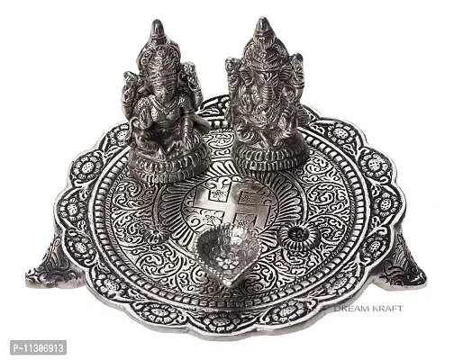 DreamKraft White Metal Silver Color Laxmi Ganesh Pooja Thali Set for Home Decor and Festive Decor