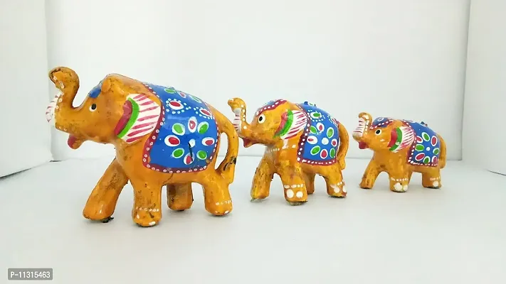 DreamKraft Paper Mache Elephant Showpiece (Set of 3, Yellow)