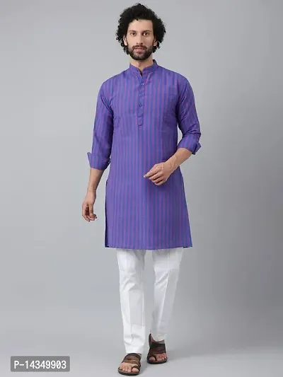 Reliable Navy Blue Cotton Striped Calf Length Kurta For Men-thumb0