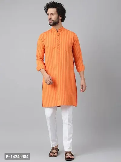 Reliable Orange Cotton Striped Calf Length Kurta For Men-thumb0